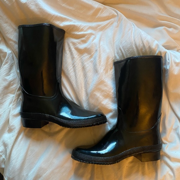 pink and green rain boots